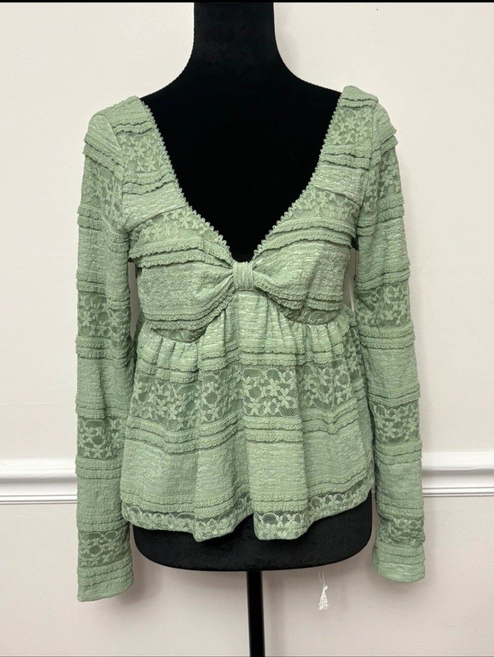 Francesca's Sage Green Lace Peplum Long Sleeve Top